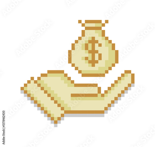 Pixel art of open up hand and a bag of money illustration. Pixelated hand and money. Business and finance icon concept.