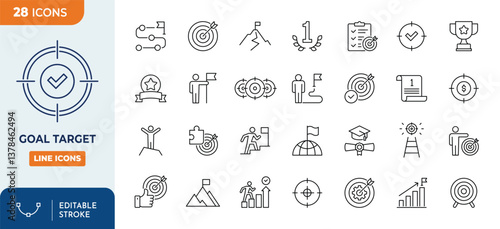 Goal Target line Editable Icons set. Contains of success related icons: mission, winner, achievement, and more. editable stroke. vector illustration