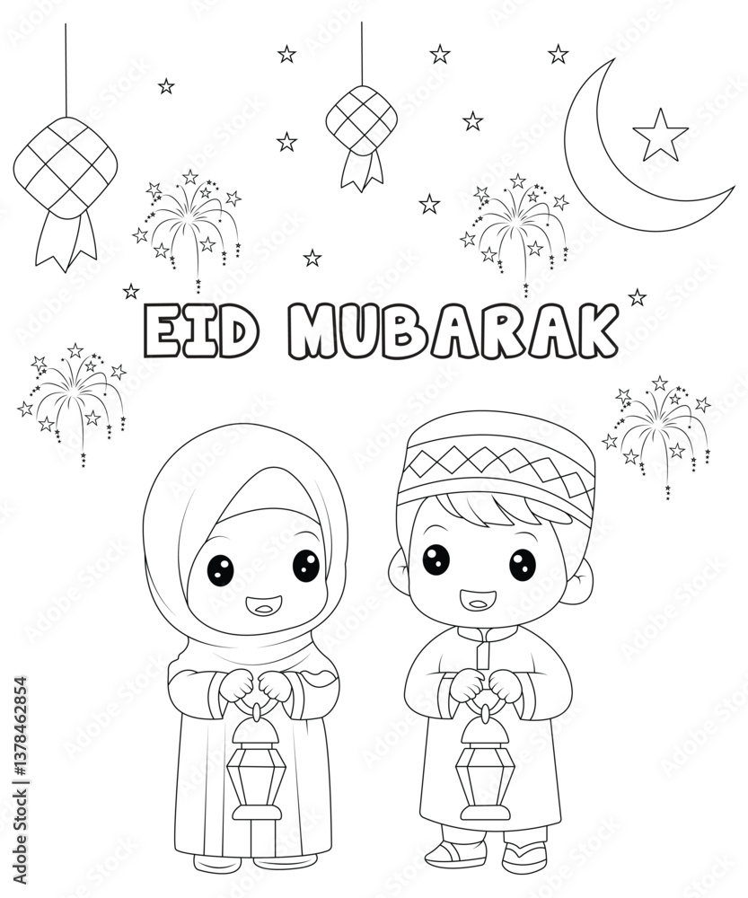 Fototapeta premium Eid al-Adha Mubarak . Eid Mubarak Fanny Eid Coloring page for kids and adults. 