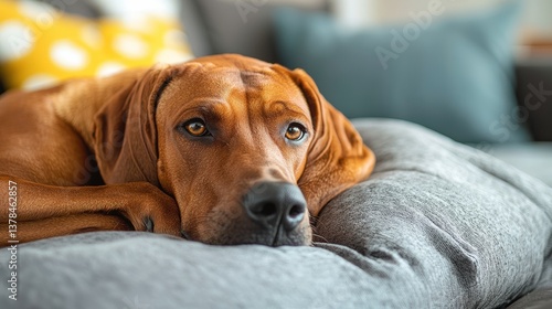 Relaxed Rhodesian Ridgeback Dog Resting Its Head on Pillow