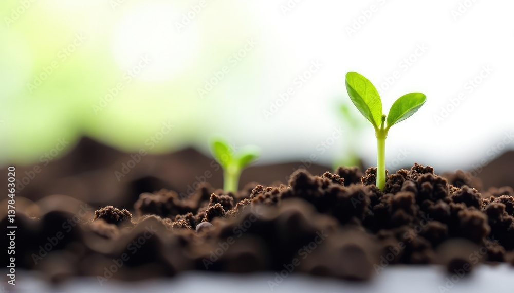 Macro photography of a few sprouts emerging from soil on white background, microscopic, seeds, plant life Macro photography of a few sprouts emerging from soil on white background, microscopic, seeds, plant life