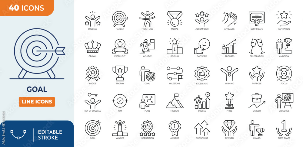 Fototapeta premium Goal icon set. Containing mission, goals, success, achievement, medal, reward, aim, target, celebration, trophy, and more. Outline Icon Collection. Vector illustration. Editable stroke 