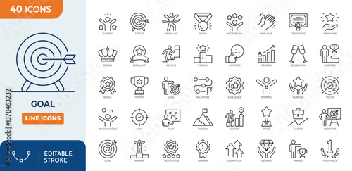 Goal line editable icon set. Containing mission, goals, success, achievement, medal, reward, aim, target, celebration, trophy, and more. editable stroke. vector illustration