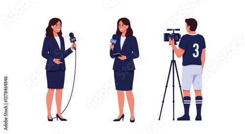 Female reporter interviewing with microphone in flat vector art style vector illustration