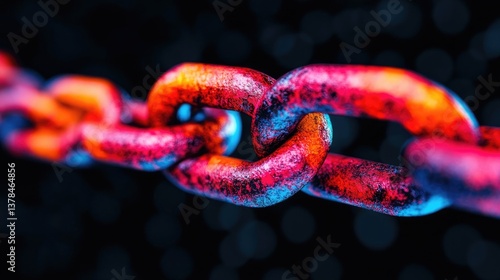 Colorful chain, a metal link against a dark, out-of-focus background creating depth