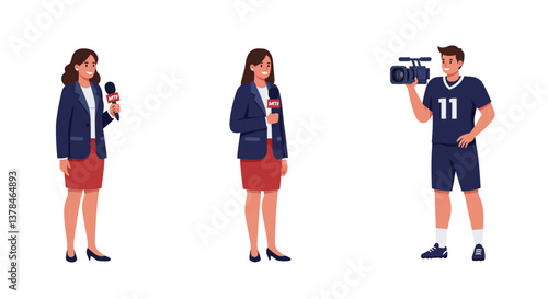 News reporter woman holding microphone, transitioning to cameraman in flat vector illustration