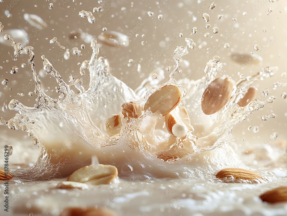 Obraz premium Almonds splashing into milk, capturing a moment of freshness, health, and nutritious dairy-free lifestyle