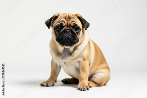 Single brown pug in a studio setting on white backdrop, canine, dog, funny