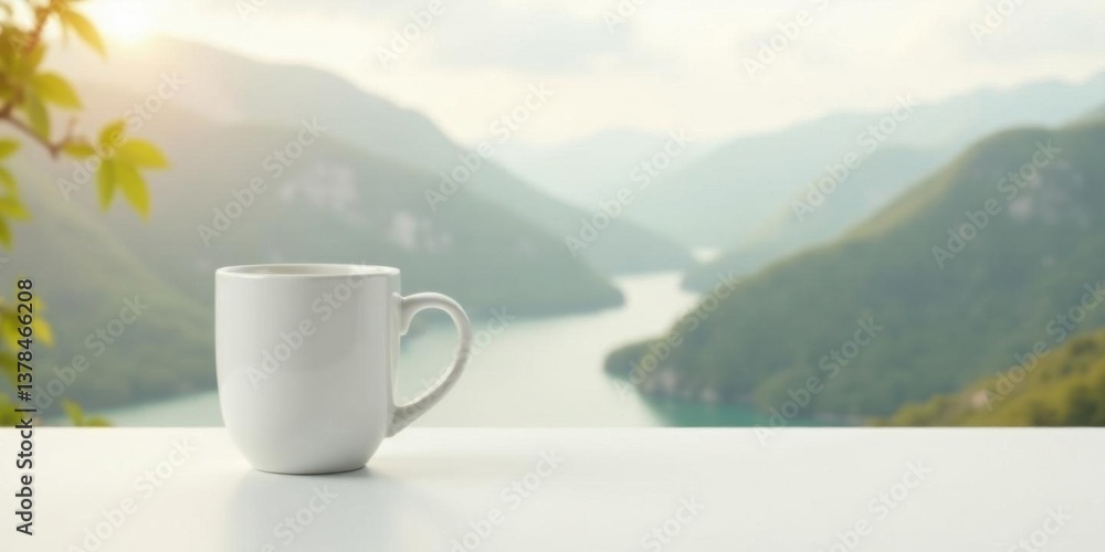 Serene Morning A Blank Mug on a Table Overlooking a Picturesque Mountain Valley with a Calm River Serene Morning A Blank Mug on a Table Overlooking a Picturesque Mountain Valley with a Calm River