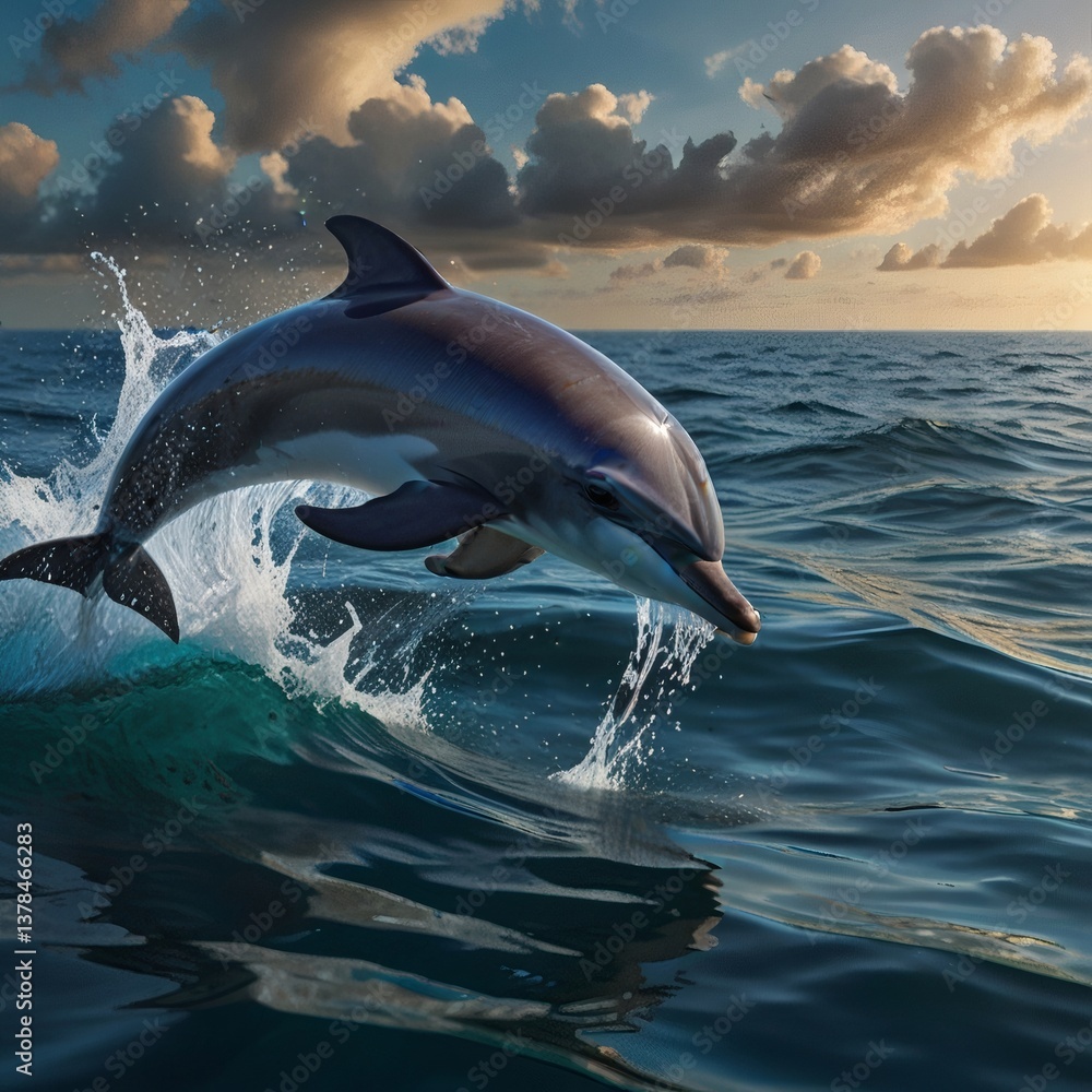 Fototapeta premium A dolphin jumping from the ocean, joyful and playful.