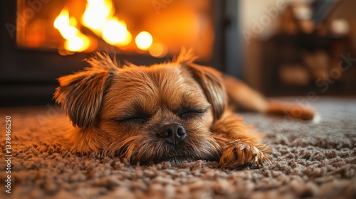 Cute Brussels Griffon Snoozing on Rug by Cozy Fireplace