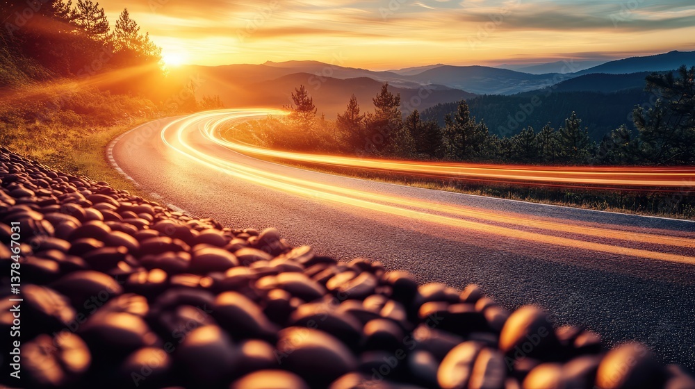 Fototapeta premium A winding road in a mountainous landscape with a beautiful reddish-purple sunset sky