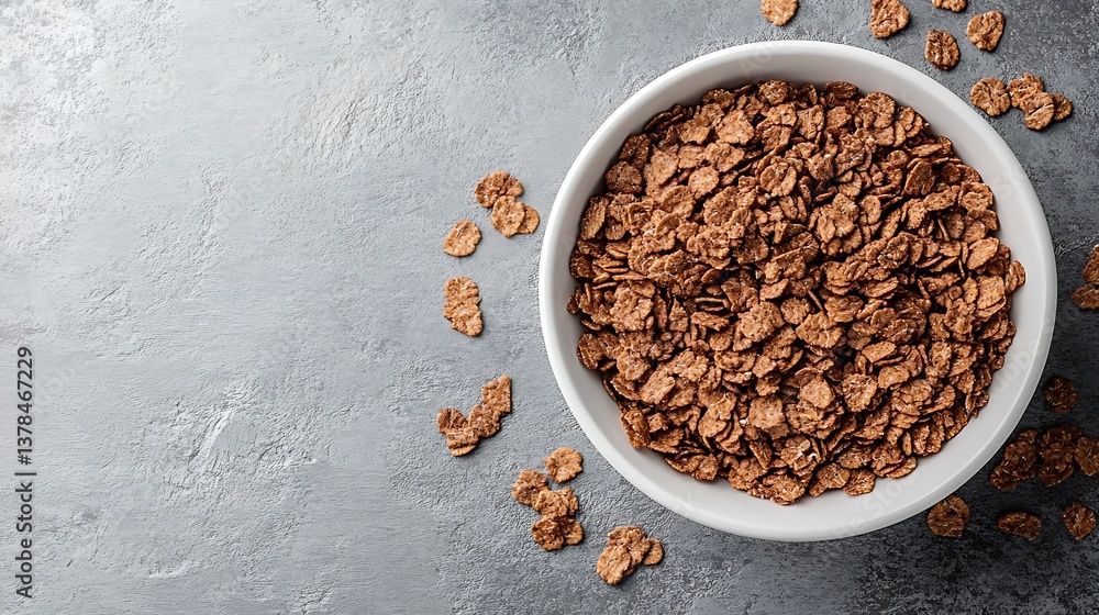 A white bowl filled with cereal sits on a surface A white bowl filled with cereal sits on a surface