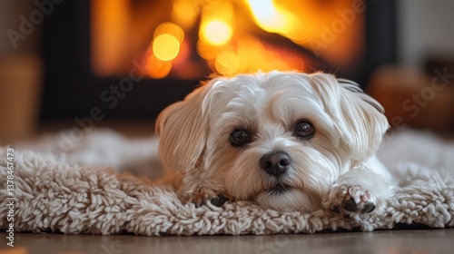 Maltese Dog Relaxing on Soft Rug Near Warm Fireplace