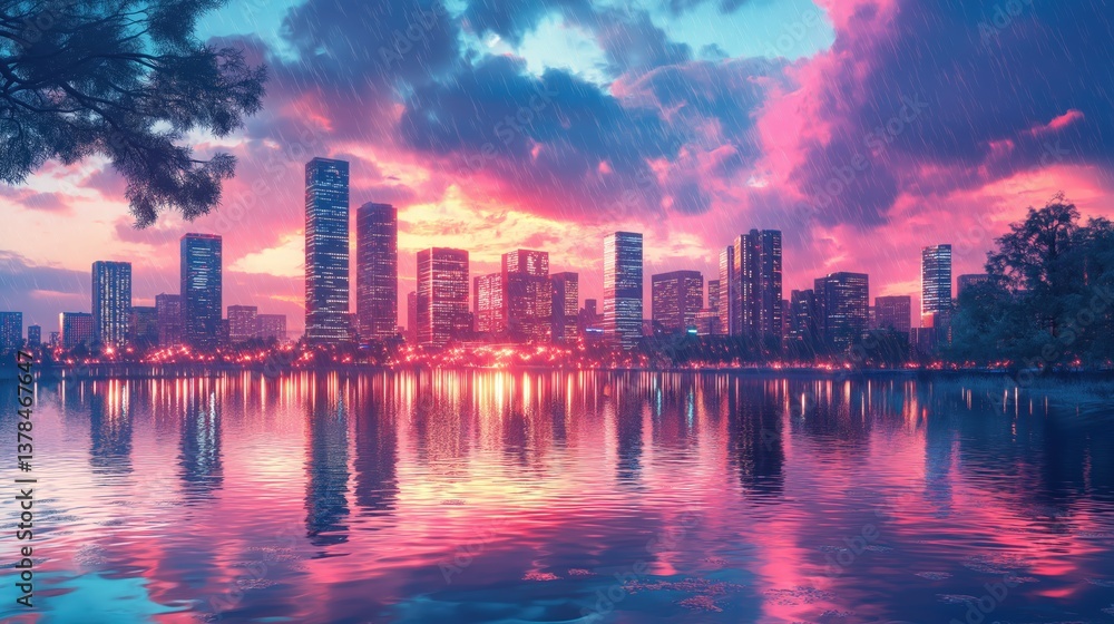 Obraz premium Sunset Cityscape: Serene Urban Skyline Reflections Over Water at Twilight
