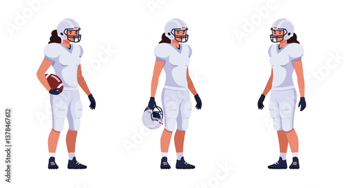 Football player in action poses with helmet and ball in flat vector illustration
