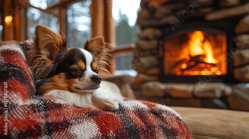 Cozy Papillon Dog Dozing by Rustic Fireplace in Charming Cabin