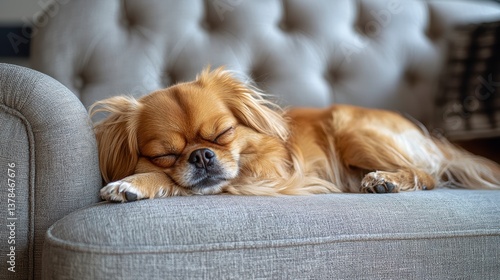Stylish Pekingese Dog Sleeping Comfortably on Large Sofa