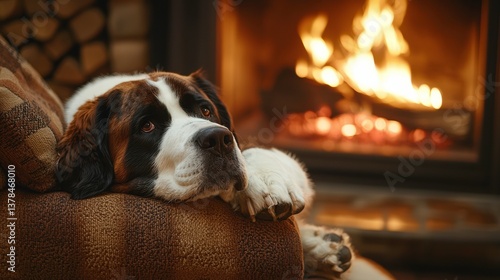 Relaxing Saint Bernard on a Sofa by a Cozy Fireplace