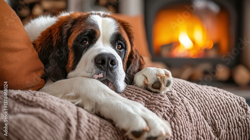 Relaxing Saint Bernard Dog on a Cushioned Sofa by a Warm Fire
