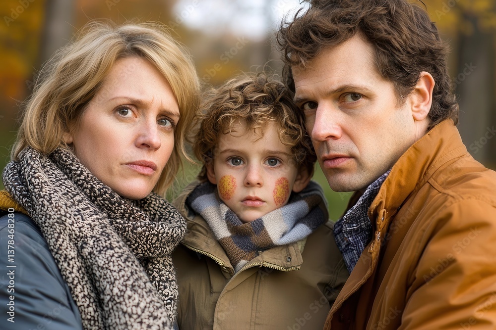 A Concerned Family Portrait with a Child Displaying Skin Irregularities in a Park During Autumn A Concerned Family Portrait with a Child Displaying Skin Irregularities in a Park During Autumn