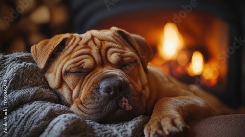 Shar Pei Dog Dozing Lazily on Sofa in Cozy Living Room Glow