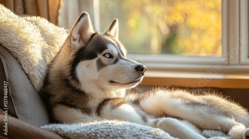 Siberian Husky Resting Comfortably on an Armchair in Warm Sunlight