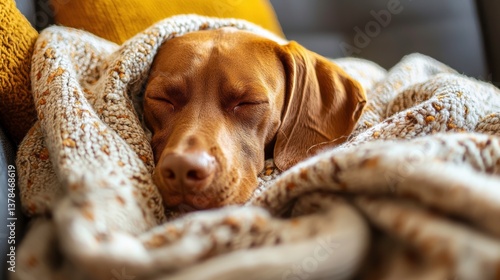 Cozy Vizsla Dog Snuggling Under Soft Blanket on Comfortable Sofa