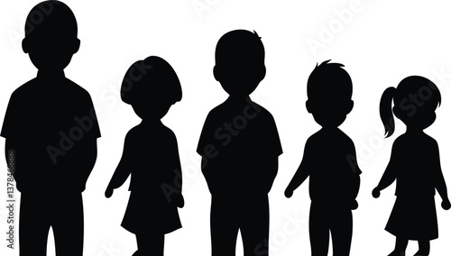 Silhouette Group of Children Standing on Transparent Background, Boys and Girls