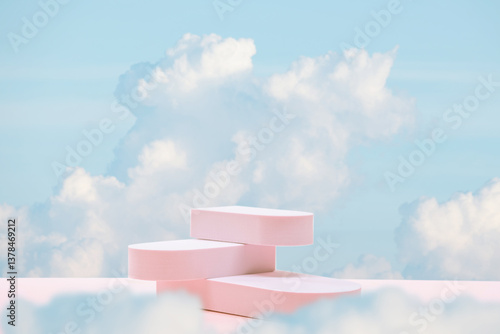 Photography Minimal podium table top in outdoor on blue sky white cloud background