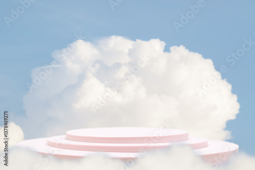 Minimal podium table top in outdoor on blue sky white cloud background.Beauty cosmetic product placement pedestal modern stand display,surreal paradise dreamy concept.