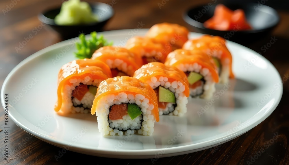 Various sushi rolls on a white plate, wasabi, pickled ginger , background, studio Various sushi rolls on a white plate, wasabi, pickled ginger , background, studio