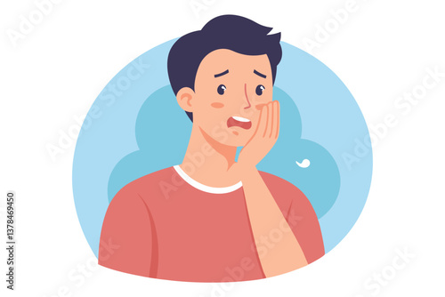 Flat of Asian Man Clutching Cheek, Expression of Pain and Distress
