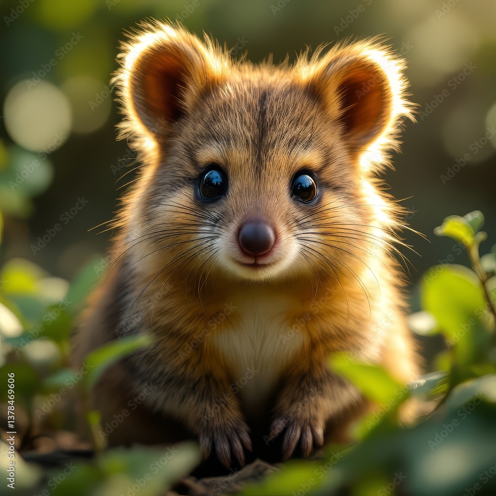 Naklejka premium Cute Small Animal Portrait with Bright Eyes Sitting in Greenery