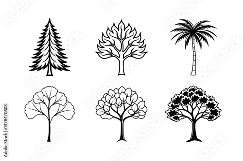 Black vector set of tree silhouettes includes pine, palm, birch, and oak, a natural forest illustration with leaf and branch outlines for autumn pattern design  Black vector 