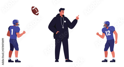 Football coach instructing players in flat vector illustration style with detailed characters and vibrant colors vector art