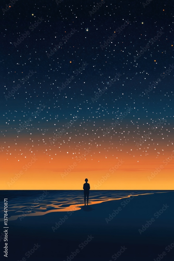 Fototapeta premium A solitary figure stands on the beach under a starry sky
