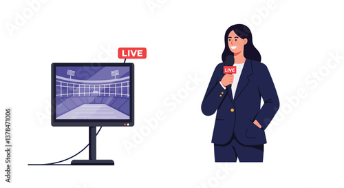 News reporter presenting live broadcast with digital screen in flat vector art