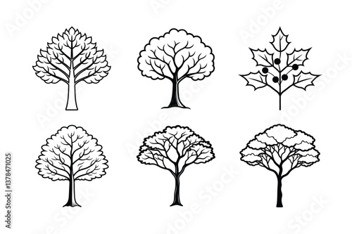 Black vector set of tree silhouettes includes pine, palm, birch, and oak, a natural forest illustration with leaf and branch outlines for autumn pattern design  Black vector 