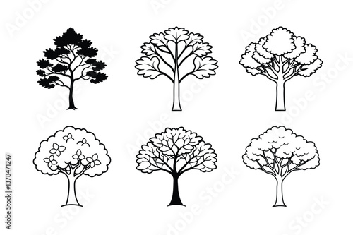 Black vector set of tree silhouettes includes pine, palm, birch, and oak, a natural forest illustration with leaf and branch outlines for autumn pattern design  Black vector 