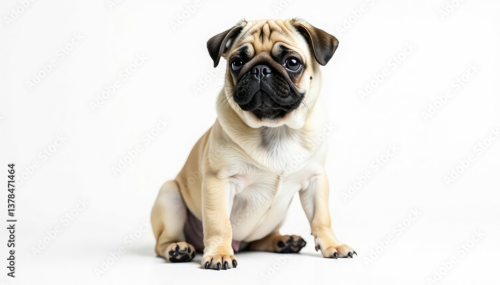Adorable pug dog sits alone on white background, full body, nose, puppy Adorable pug dog sits alone on white background, full body, nose, puppy