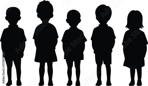 Silhouette of Five Children Standing Isolated on Transparent Background