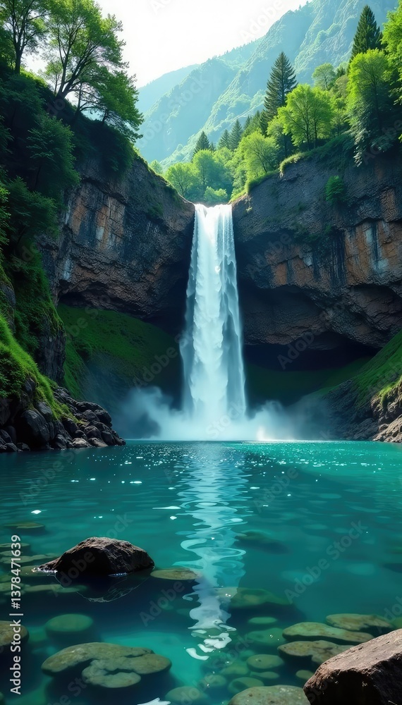 Naklejka premium An isolated waterfall cascading into a crystal-clear lake, waterfall, mystical, isolation