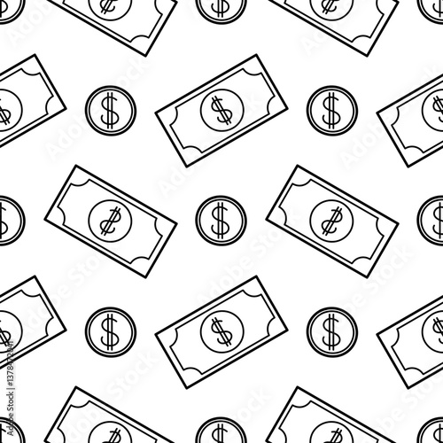 hand drawn seamless pattern of banknotes and coins