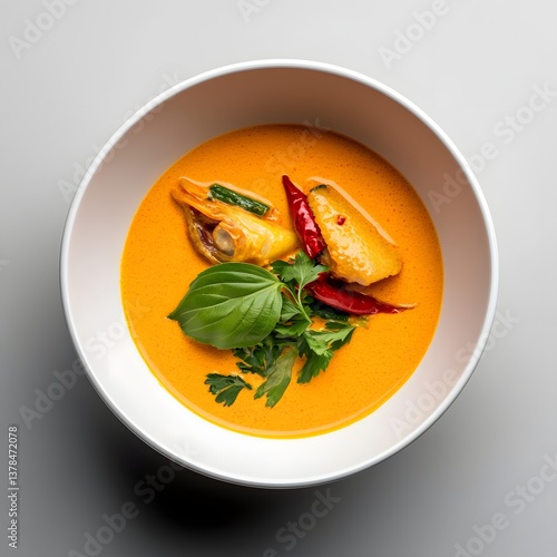 Delicious Creamy Red Thai Curry with Shrimp and Herbs in a Bowl
