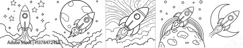 Children's Coloring Books Featuring Space Rockets and Planets, a set of children's coloring books   