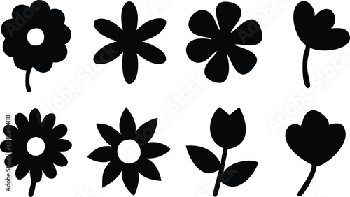 Simple Flower Silhouette Set with Transparent Background, Floral Icons Collection