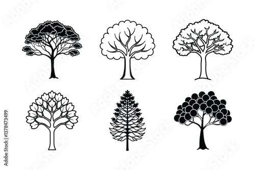 Black vector set of tree silhouettes includes pine, palm, birch, and oak, a natural forest illustration with leaf and branch outlines for autumn pattern design  Black vector 