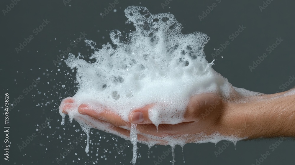 Fototapeta premium Washing hands with liquid soap bubbles and foam in water home setting close-up view for effective cleaning
