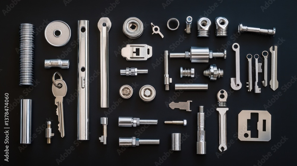 Assorted metallic tools and parts arranged on dark background Assorted metallic tools and parts arranged on dark background